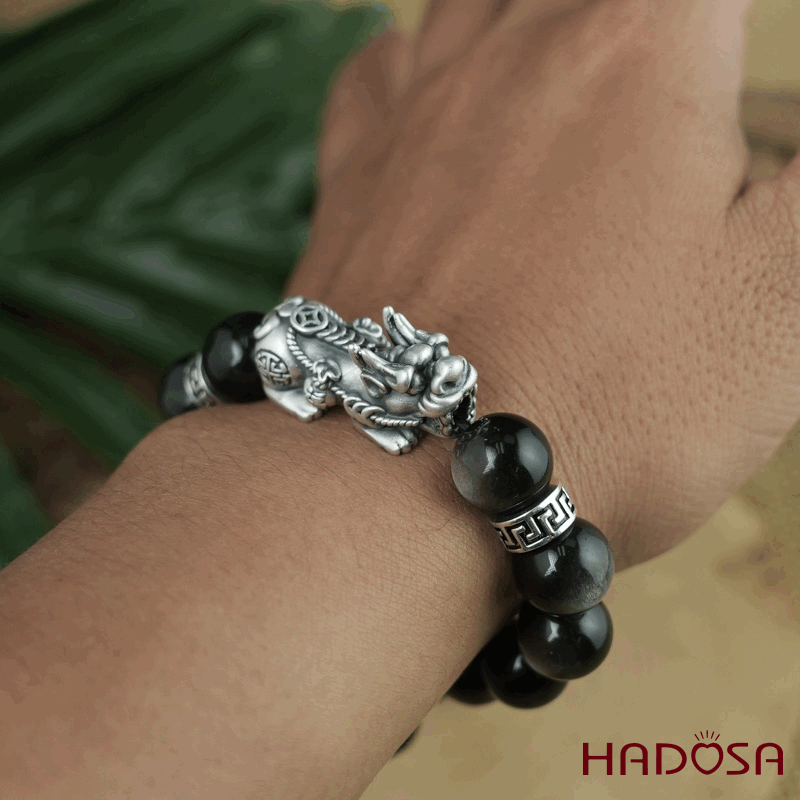 Vòng tay đá Obsidian-Hắc Diện Thạch ánh bạc 12mm mix tỳ hưu bạc