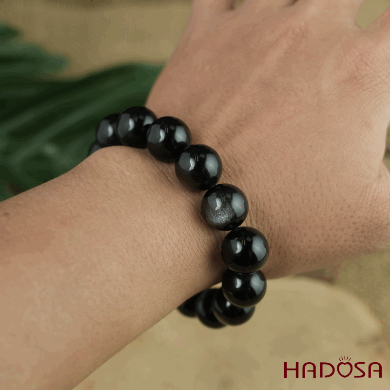 Vòng tay đá Obsidian-Hắc Diện Thạch ánh bạc 14mm mix tỳ hưu bạc