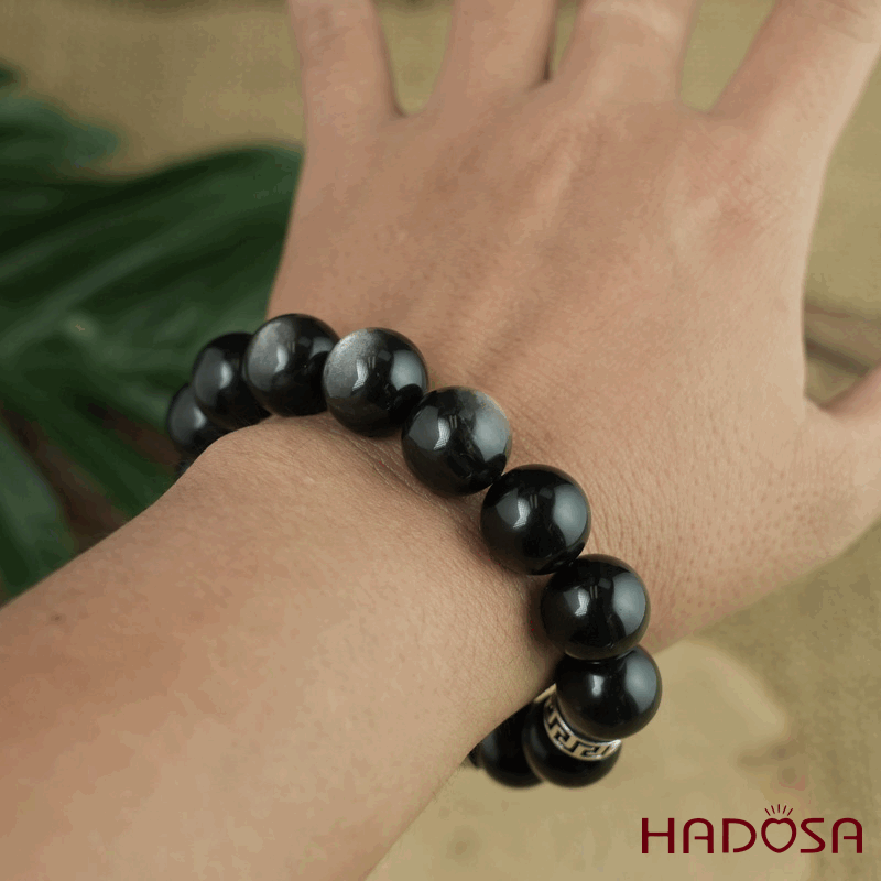 Vòng tay đá Obsidian-Hắc Diện Thạch ánh bạc 14mm mix charm bạc