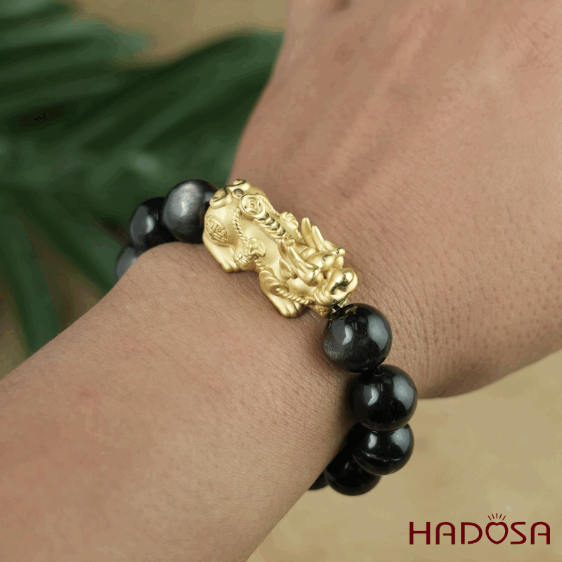 Vòng tay đá Obsidian-Hắc Diện Thạch ánh bạc 12mm mix tỳ hưu bạc mạ vàng