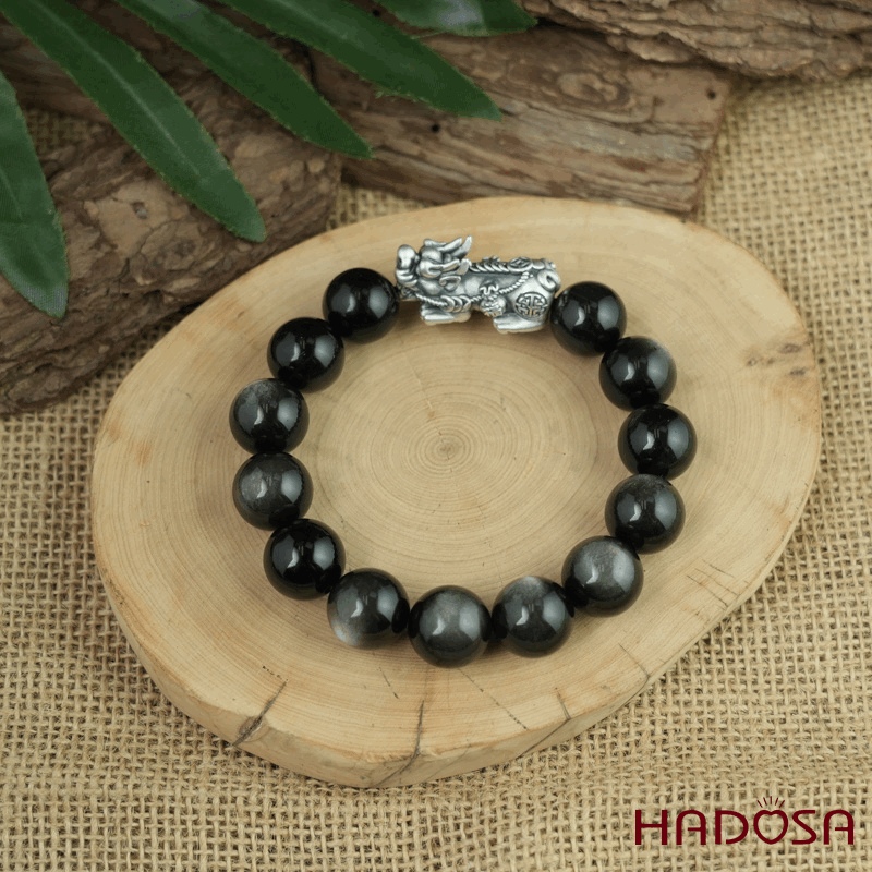 Vòng tay đá Obsidian-Hắc Diện Thạch ánh bạc 14mm mix charm bạc