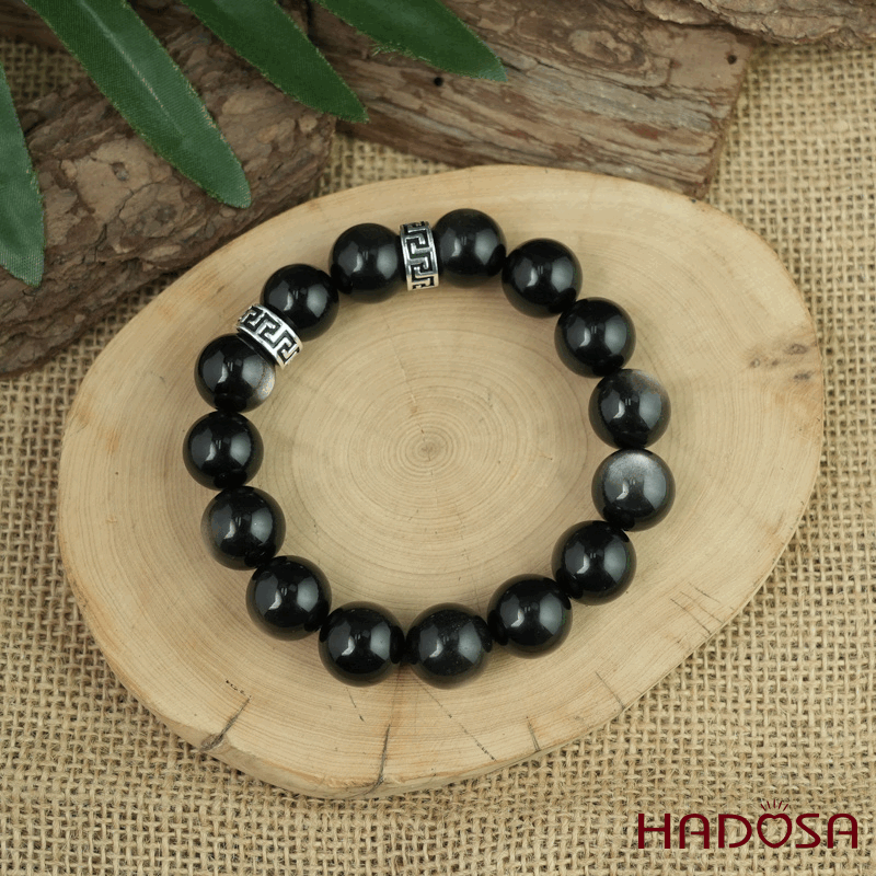 Vòng tay đá Obsidian-Hắc Diện Thạch ánh bạc 14mm mix charm bạc