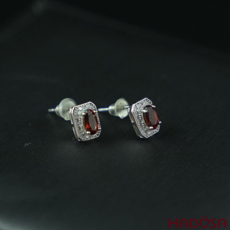 Hoa tai đá garnet chữ nhật 3*5mm bạc 925