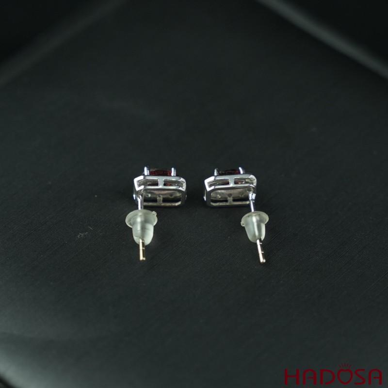 Hoa tai đá garnet chữ nhật 3*5mm bạc 925