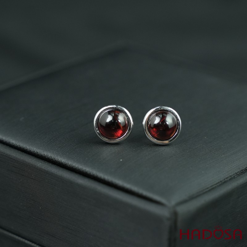 Hoa tai Garnet cab tròn 8mm bạc 925