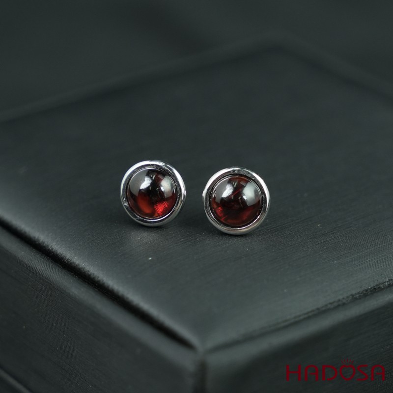 Hoa tai Garnet cab tròn 8mm bạc 925