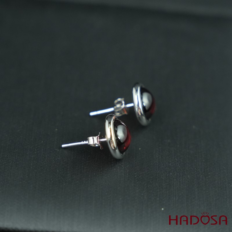 Hoa tai Garnet cab tròn 8mm bạc 925