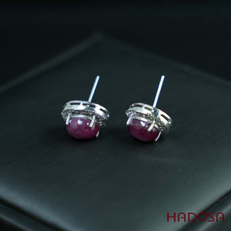 Hoa tai đính đá Ruby Nam Phi oval 6x8mm bạc 925