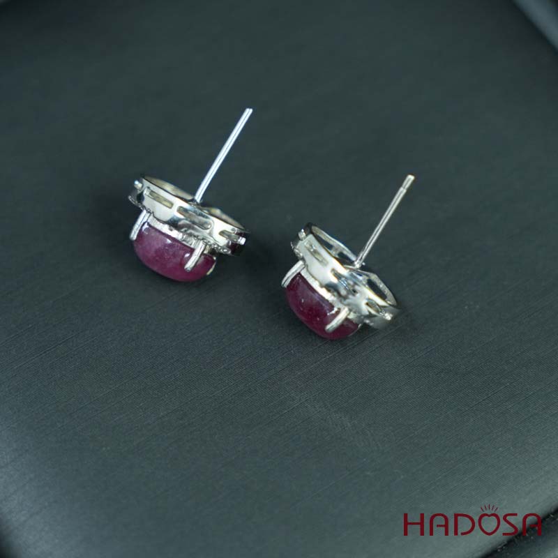 Hoa tai đính đá Ruby Nam Phi oval 6x8mm bạc 925