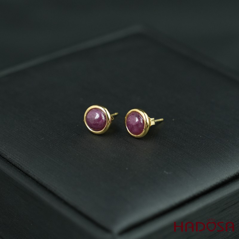 Hoa tai Ruby tròn 6mm bạc mạ vàng