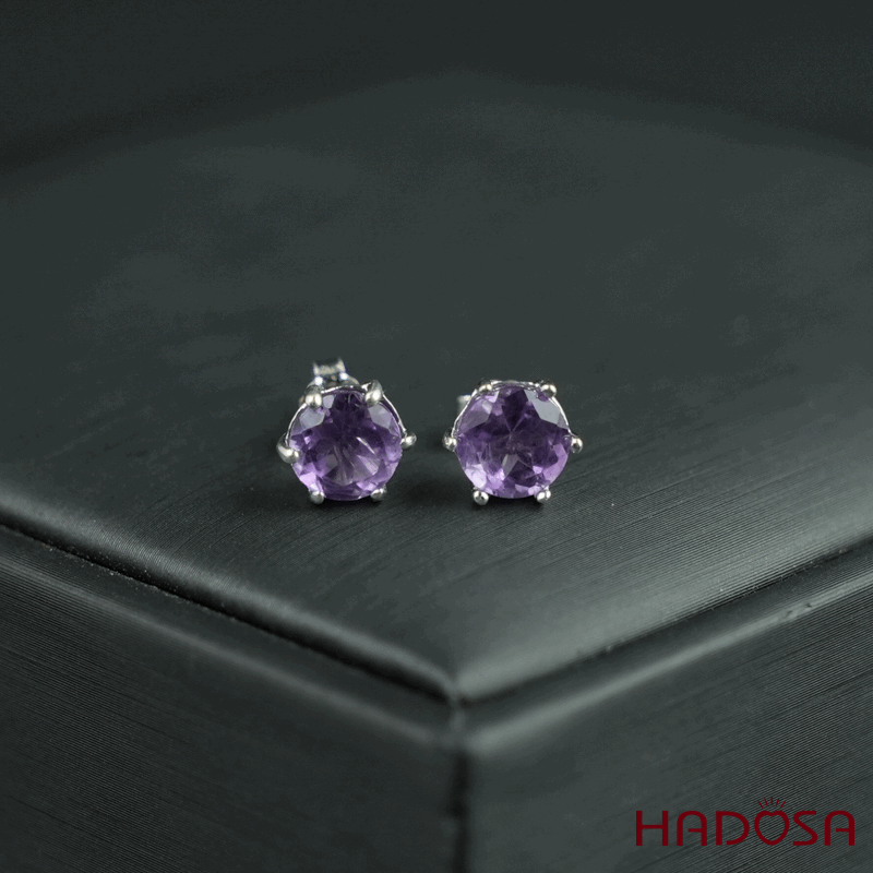 Hoa tai thạch anh tím 6mm bạc 925