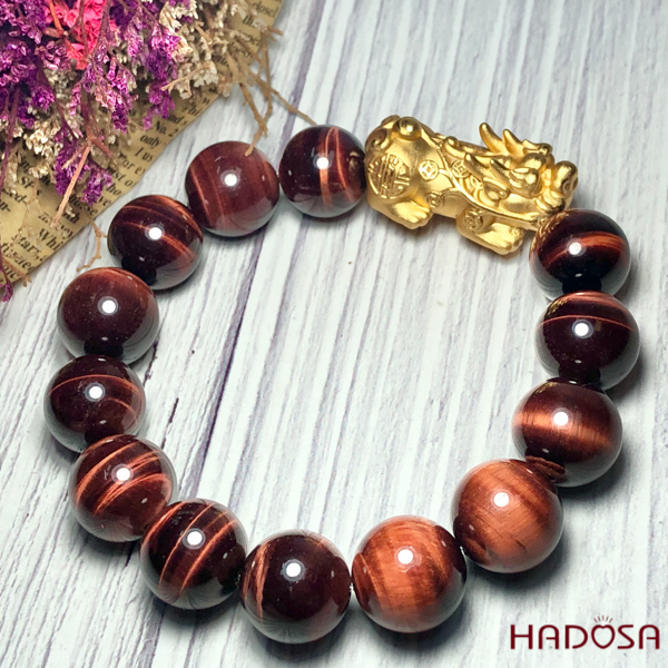 Vòng Thạch Anh Mắt Hổ nâu đỏ 14mm tỳ hưu bạc mạ vàng