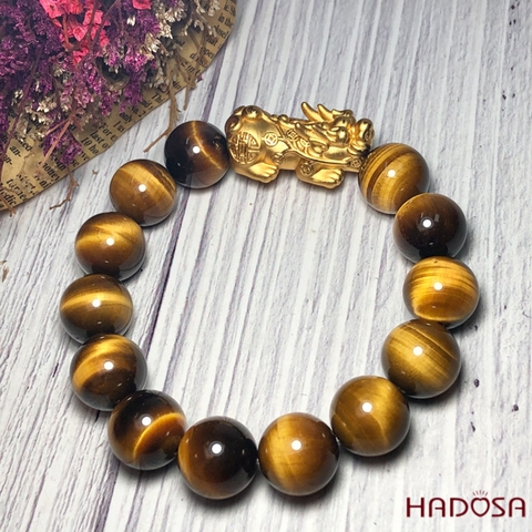 Vòng Thạch Anh Mắt Hổ vàng nâu 14mm mix tỳ hưu bạc mạ vàng