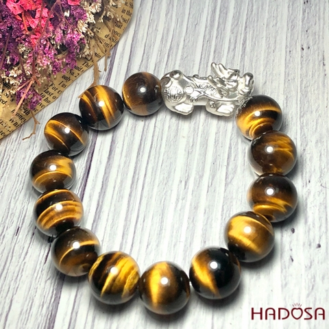 Vòng Thạch Anh Mắt Hổ vàng nâu 14mm mix tỳ hưu bạc