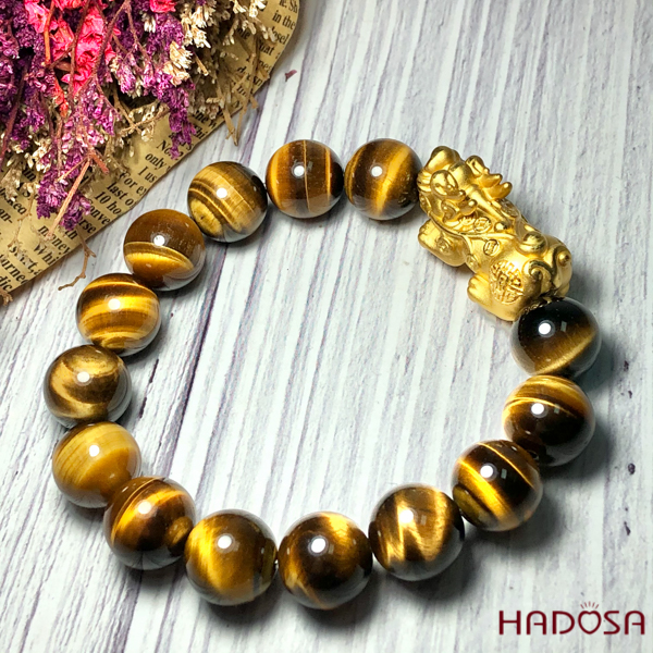 Vòng Thạch Anh Mắt Hổ vàng nâu 12mm Tỳ Hưu bạc mạ vàng