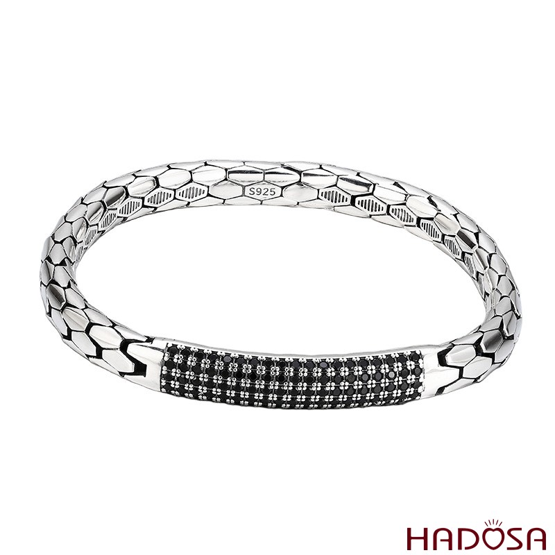 Vòng Tay Nam Bạc Thái 925 Hình Da Rắn Đính Đá Đen
