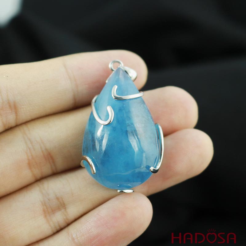 Mặt đá Aquamarine giọt nước bọc bạc