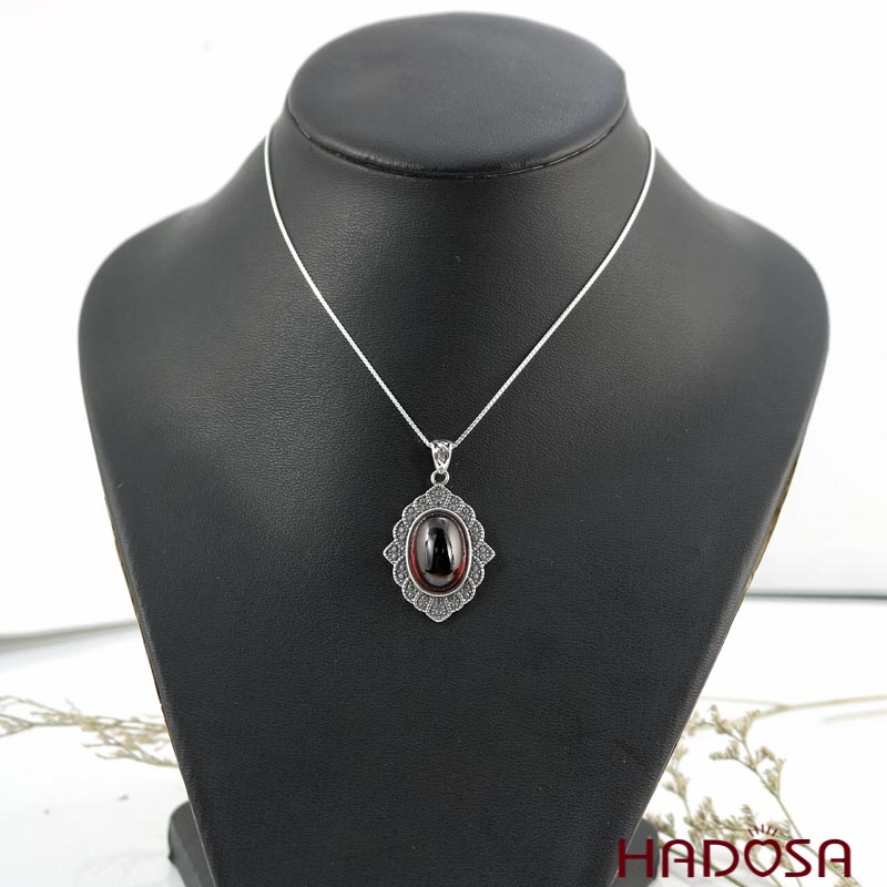 Mặt đá Garnet hoa văn bạc 925