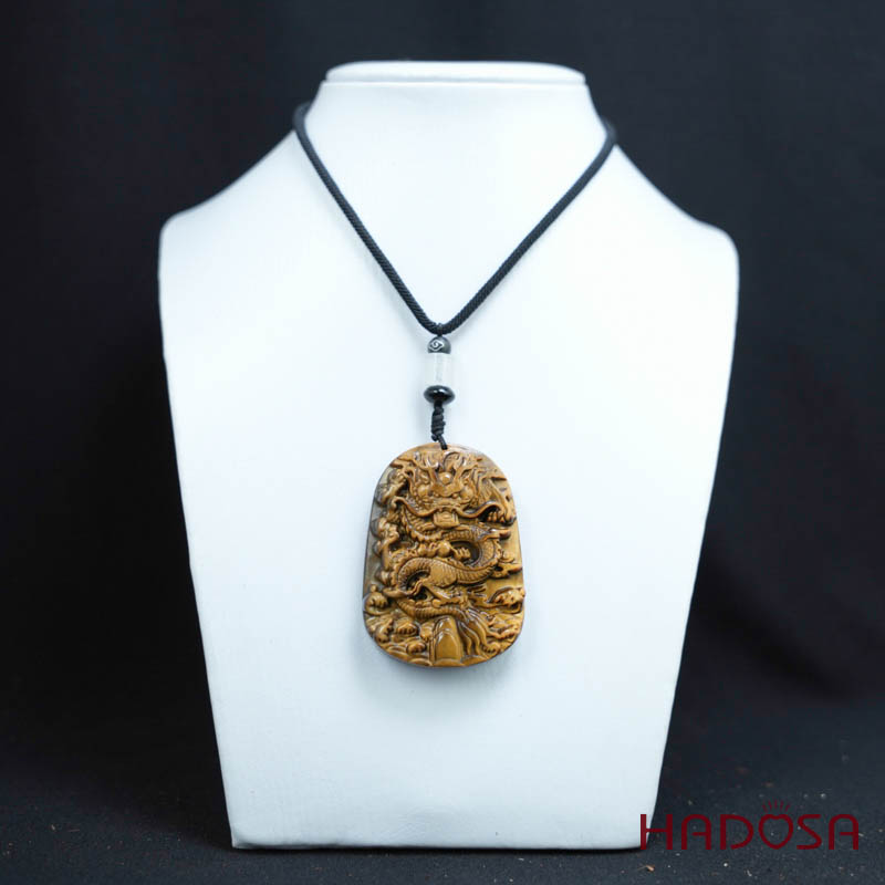 Mặt đá mắt hổ vàng nâu chạm Rồng 57x40x12mm