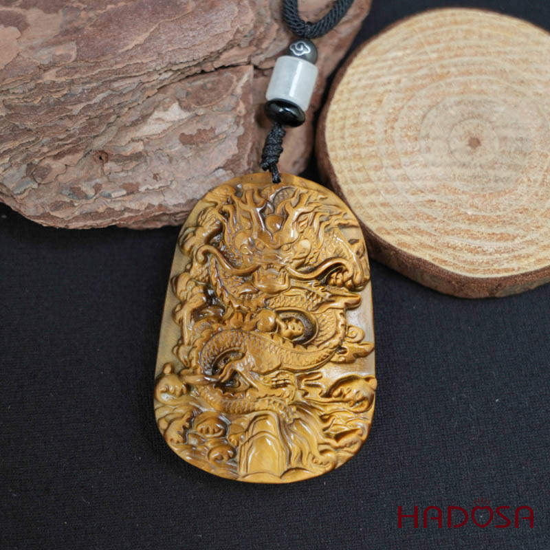 Mặt đá mắt hổ vàng nâu chạm Rồng 57x40x12mm