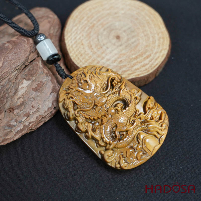 Mặt đá mắt hổ vàng nâu chạm Rồng 57x40x12mm