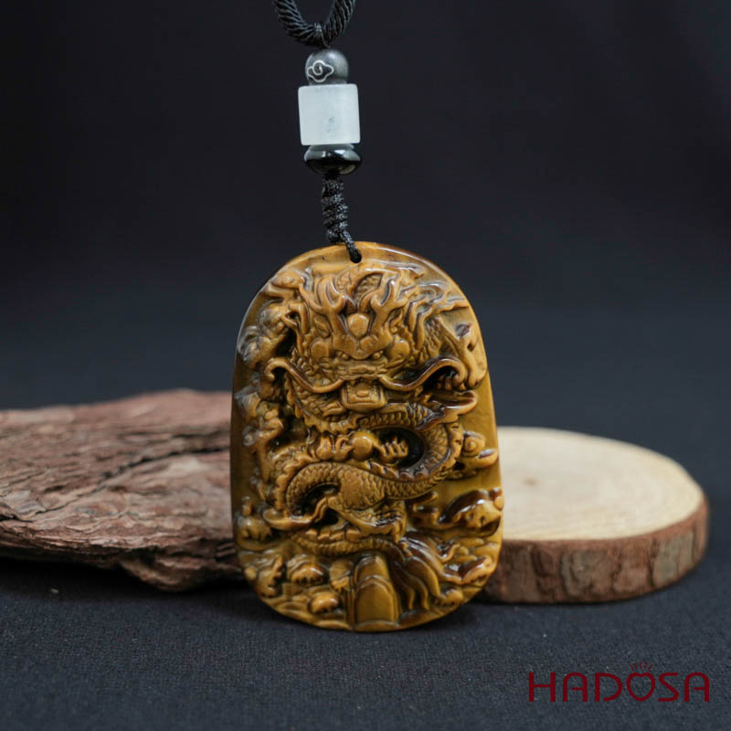 Mặt đá mắt hổ vàng nâu chạm Rồng 57x40x12mm