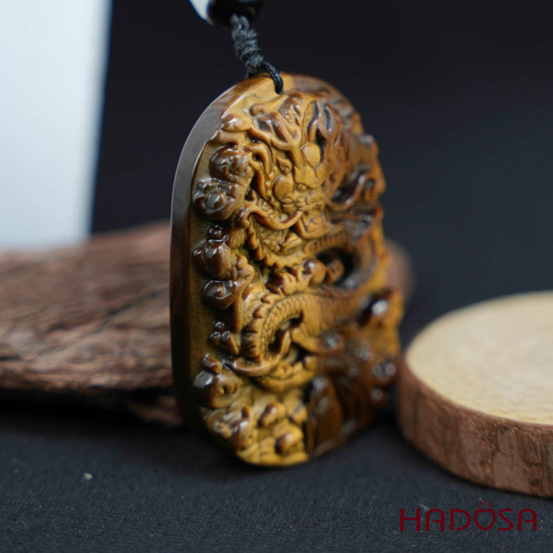 Mặt đá mắt hổ vàng nâu chạm Rồng 57x40x12mm