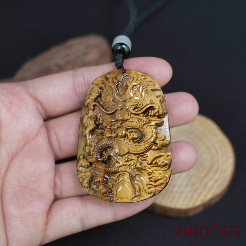 Mặt đá mắt hổ vàng nâu chạm Rồng 57x40x12mm