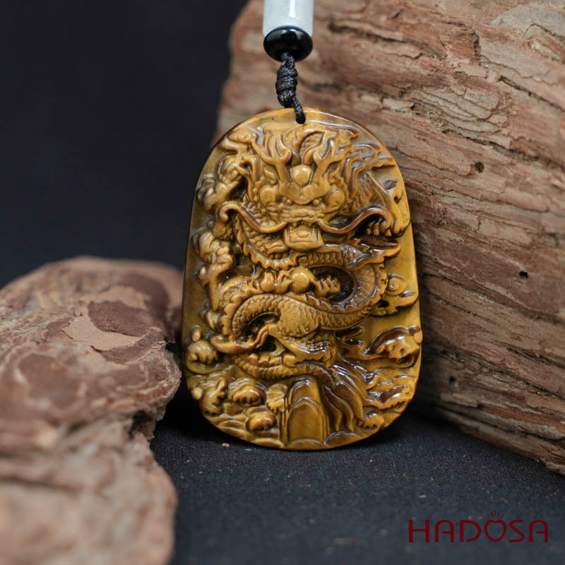 Mặt đá mắt hổ vàng nâu chạm Rồng 57x40x12mm