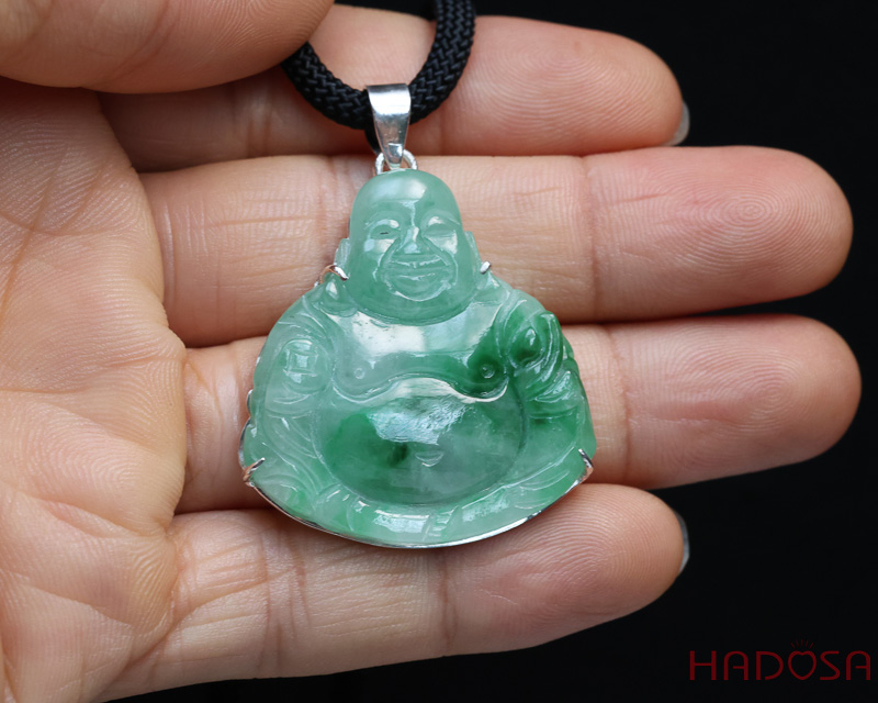 Mặt Di Lặc Cẩm Thạch xanh lý 34x36x6mm bọc bạc