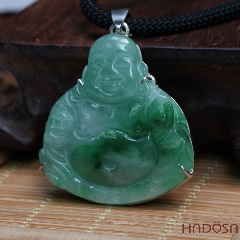 Mặt Di Lặc Cẩm Thạch xanh lý 34x36x6mm bọc bạc