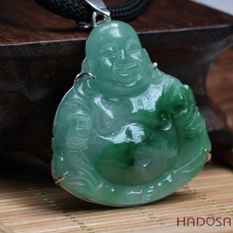 Mặt Di Lặc Cẩm Thạch xanh lý 34x36x6mm bọc bạc
