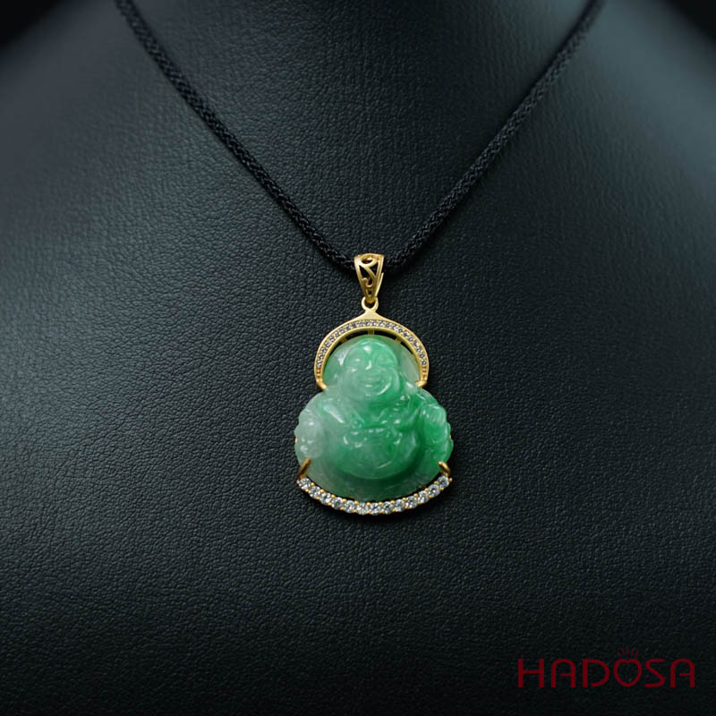 Mặt Di Lặc Cẩm Thạch xanh lí 33x27mm bạc mạ vàng