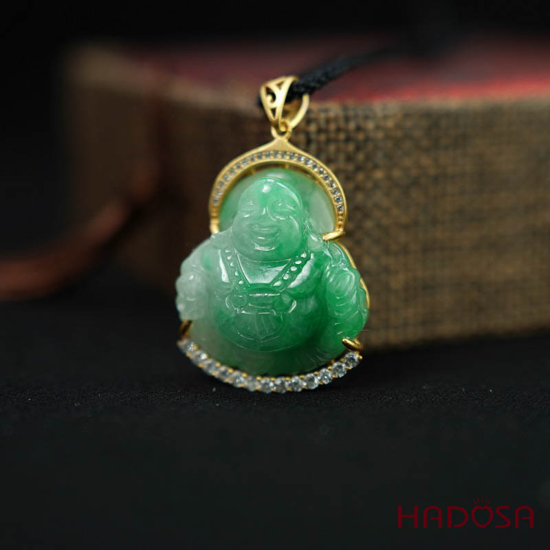 Mặt Di Lặc Cẩm Thạch xanh lí 33x27mm bạc mạ vàng
