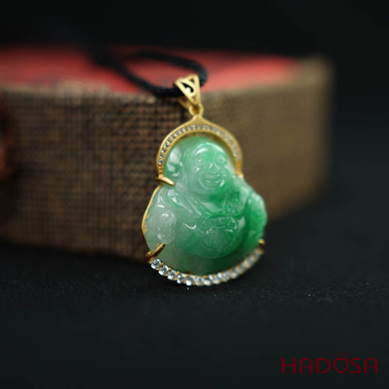 Mặt Di Lặc Cẩm Thạch xanh lí 33x27mm bạc mạ vàng