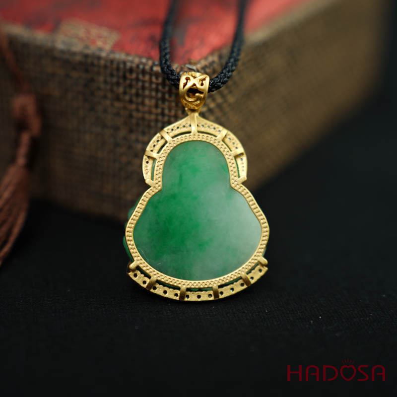 Mặt Di Lặc Cẩm Thạch xanh lí 33x27mm bạc mạ vàng