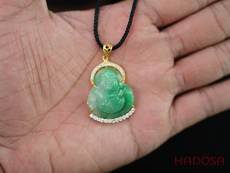 Mặt Di Lặc Cẩm Thạch xanh lí 33x27mm bạc mạ vàng