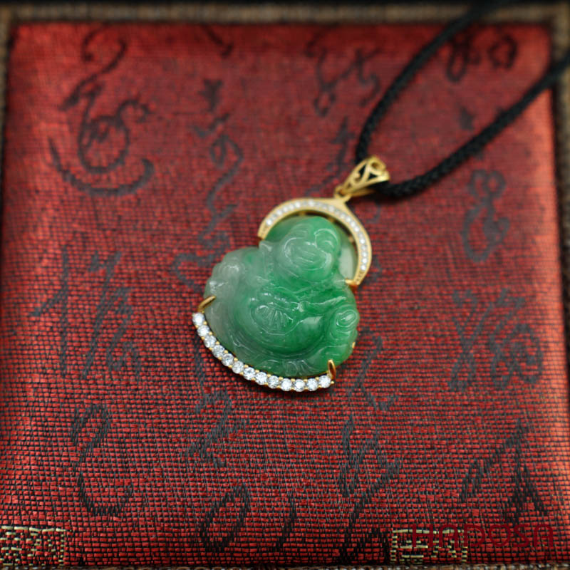 Mặt Di Lặc Cẩm Thạch xanh lí 33x27mm bạc mạ vàng