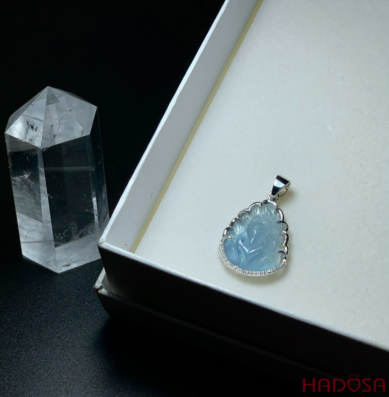 Mặt Hồ Ly chúa đá Aquamarine chuẩn 6A bọc bạc 925
