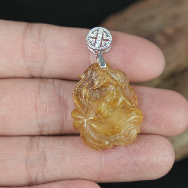 Mặt Hồ Ly chúa Thạch anh tóc vàng nâu khoen bạc 925