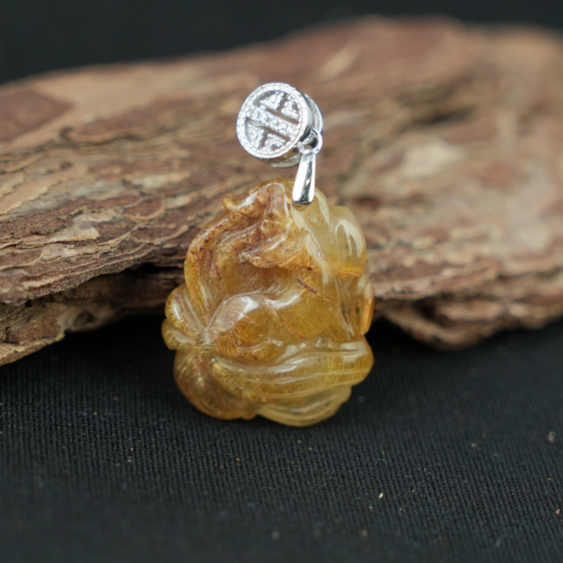 Mặt Hồ Ly chúa Thạch anh tóc vàng nâu khoen bạc 925