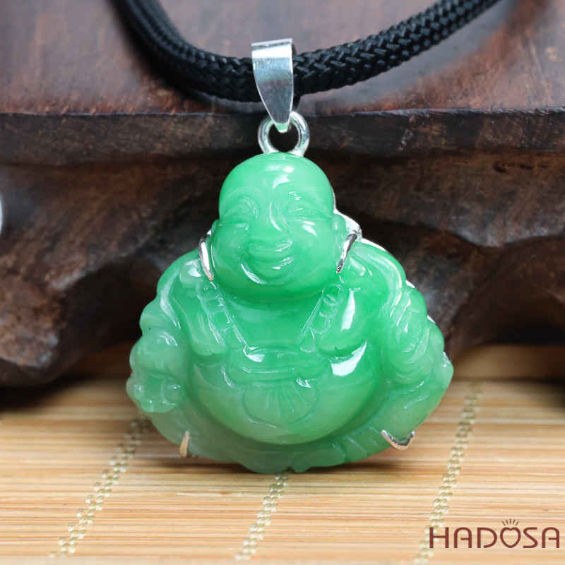 Mặt Phật Di Lặc Cẩm Thạch xanh lí táo 29x29x10mm bọc bạc