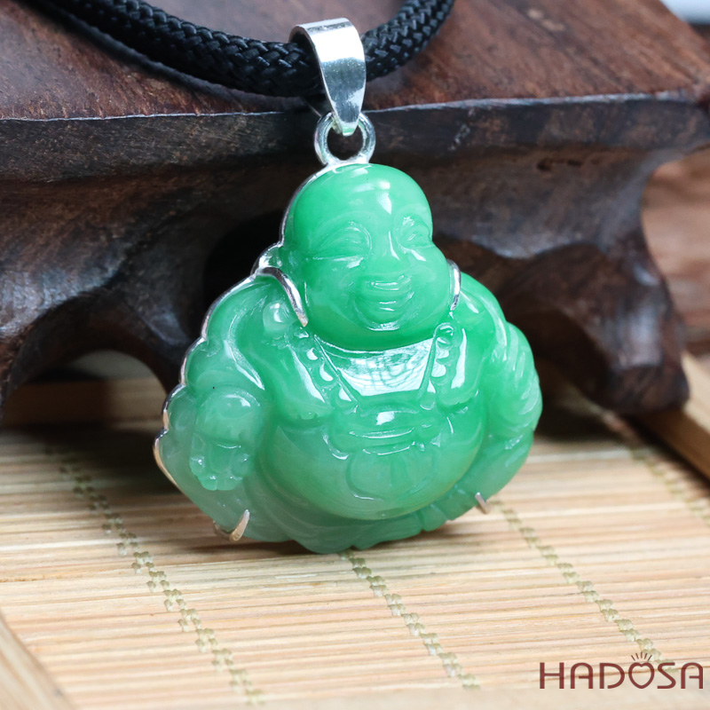 Mặt Phật Di Lặc Cẩm Thạch xanh lí táo 29x29x10mm bọc bạc