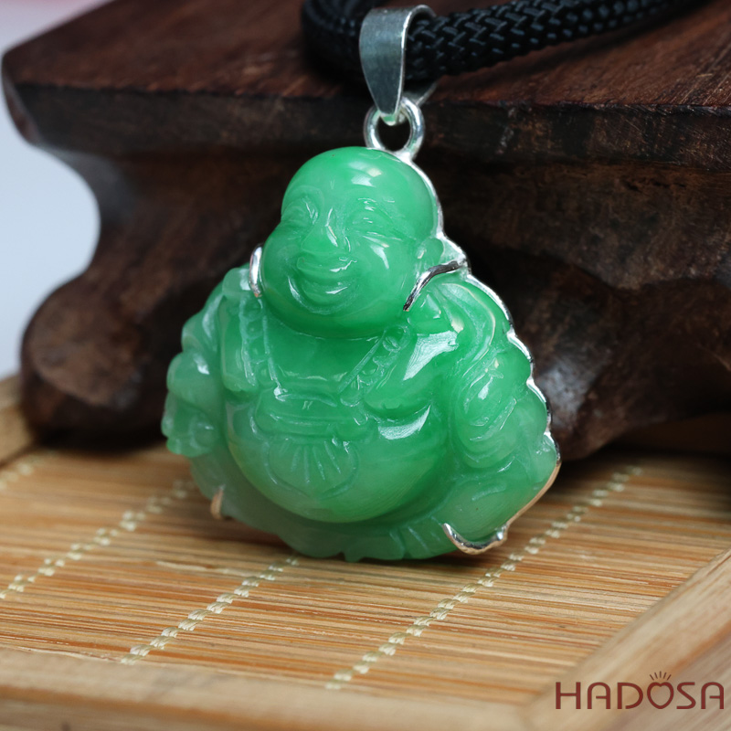 Mặt Phật Di Lặc Cẩm Thạch xanh lí táo 29x29x10mm bọc bạc