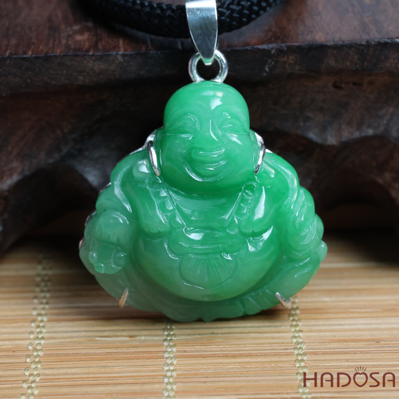 Mặt Phật Di Lặc Cẩm Thạch xanh lí táo 29x29x10mm bọc bạc