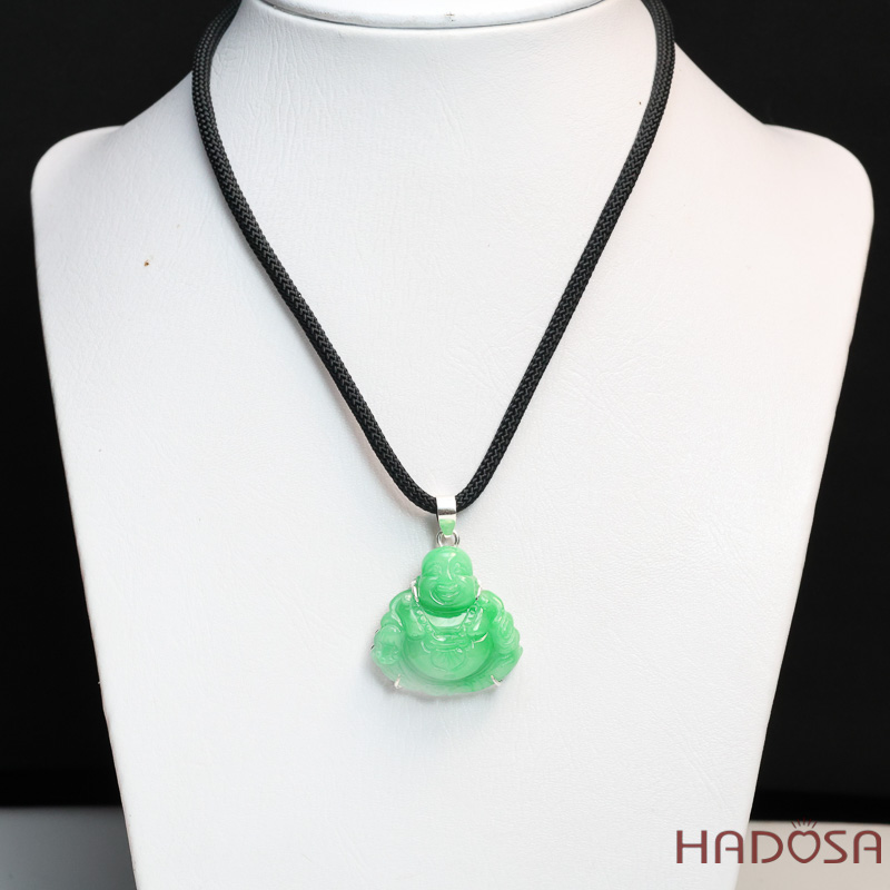 Mặt Phật Di Lặc Cẩm Thạch xanh lí táo 29x29x10mm bọc bạc