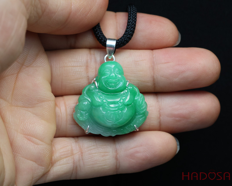 Mặt Phật Di Lặc Cẩm Thạch xanh lí táo 29x29x10mm bọc bạc