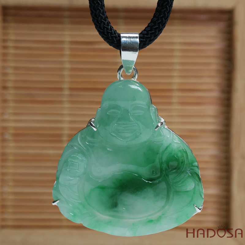 Mặt Di Lặc Cẩm Thạch xanh lý 34x36x6mm bọc bạc