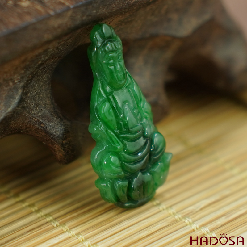 Mặt Quan Âm Cẩm Thạch xanh lý đậm 28x13x4mm