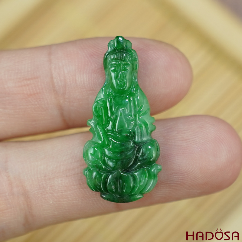 Mặt Quan Âm Cẩm Thạch xanh lý đậm 28x13x4mm
